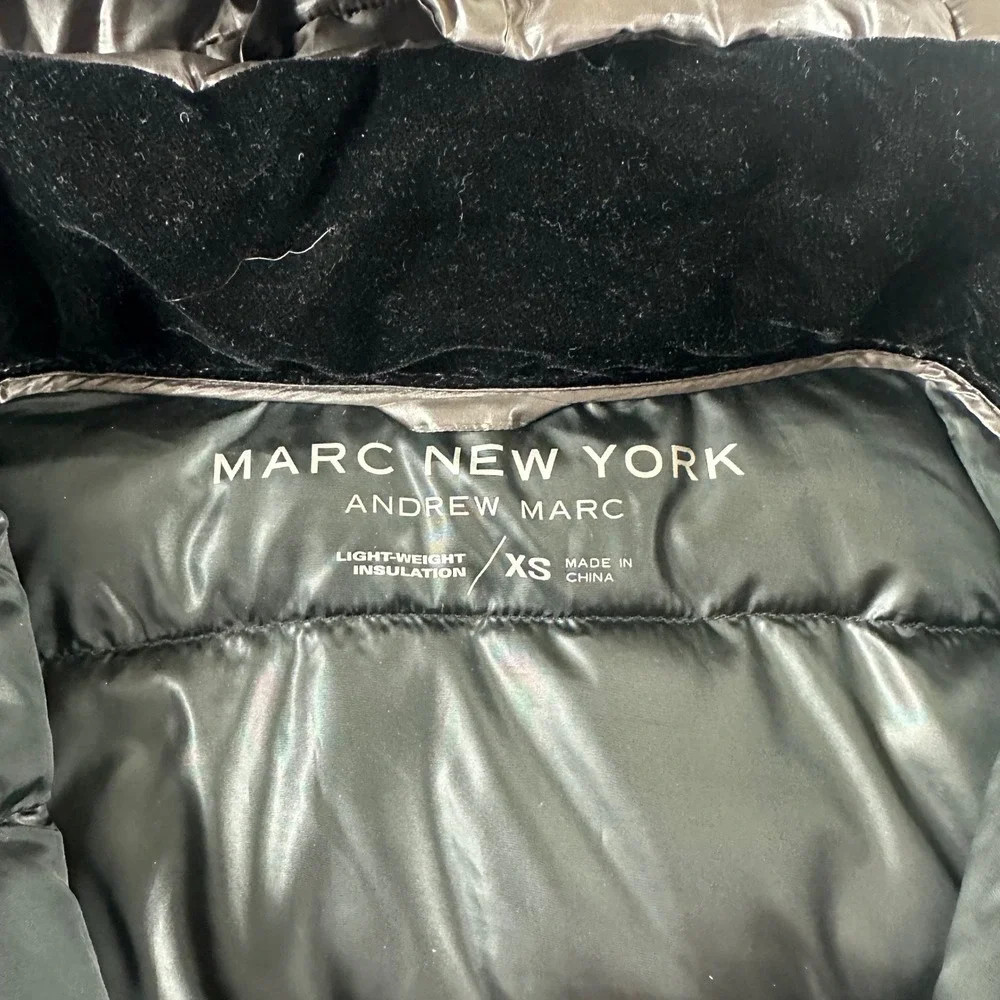 Marc New York Andrew Marc Womens XS Puffer Jacket Metallic Grey Hooded Long Coat